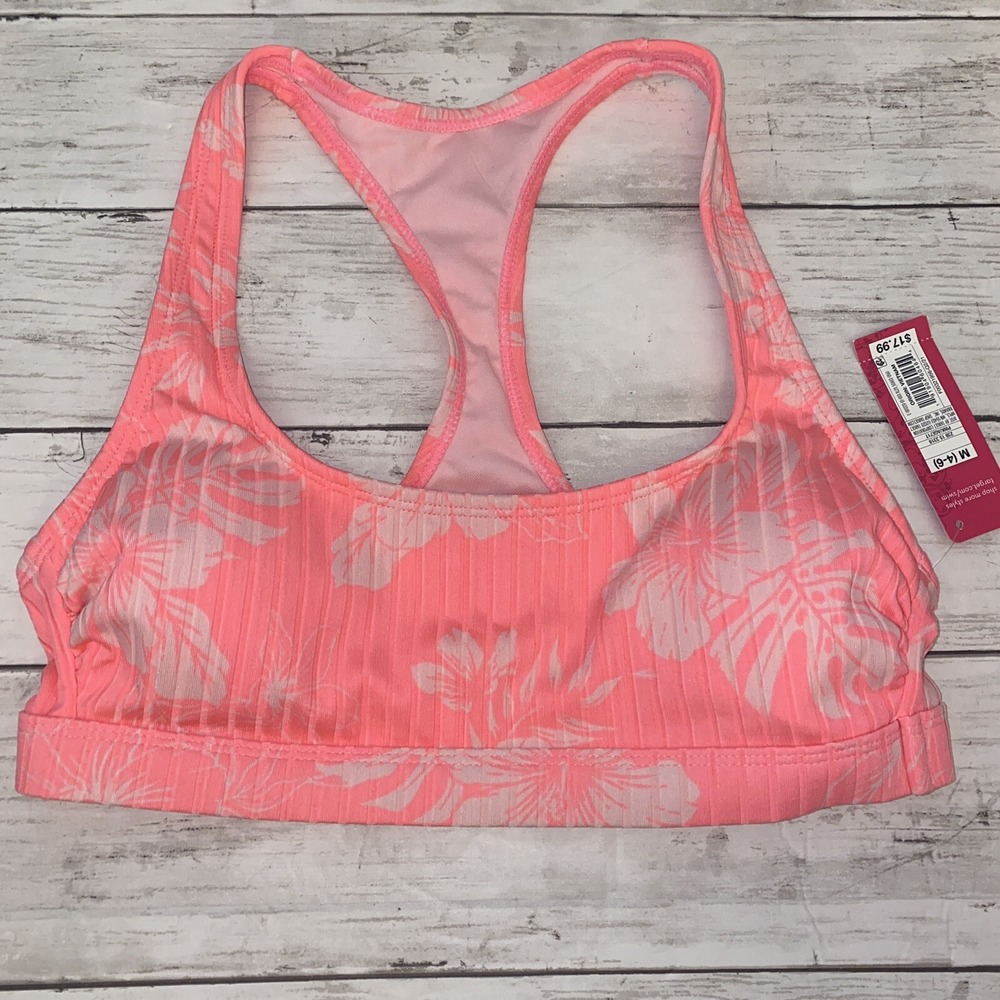 Xhilaration Bikini Top‎ Womens Medium Neon Pink Floral Ribbed Racerback Swim M